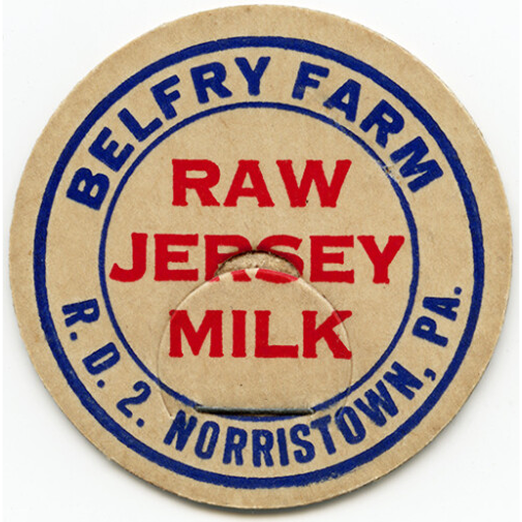 Image of vintage milk cap with brown background and text "Belfry Farm, Raw Jersey Milk, R.D.2 Norristown PA"